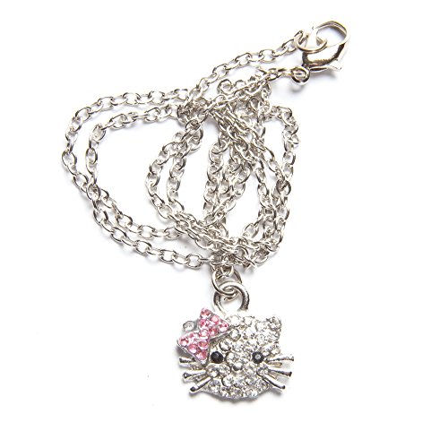 Silver Necklace for Teens Girls Toddlers - Popular Pendant Necklace with Rhinestones in Hello Kitty Style