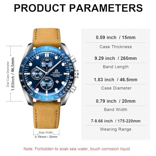 LN LENQIN Mens Watches Leather Watch Analog Quartz Watches for Men 30M Waterproof Men's Wrist Watches Luminous Luxury Fashion Business Casual Watch with Date (Brown Blue)