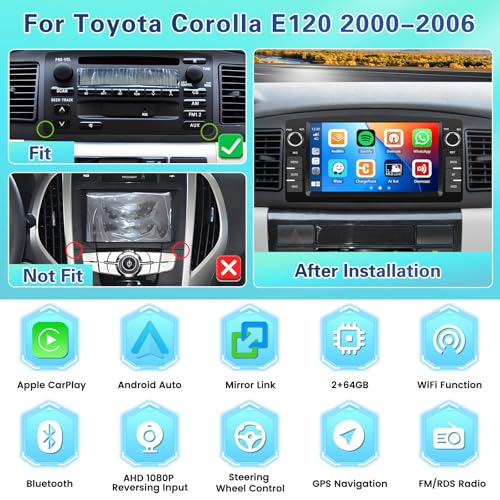 Fuluku 2+64G Android 13 Car Radio for Toyota Corolla E120 2000-2006 with Wireless Carplay Android Auto, 7 Inch Touch Screen Radio with Bluetooth/WiFi/GPS/Security Camera/FM/RDS/SWC