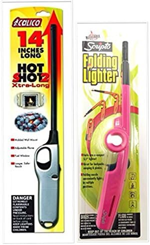 2 Pack Combo - Calico Hot Shot 2 Xtra Long and Scripto "Refillable" Folding Lighter (Random Color) Safe for Camping/grilling/home, Adjustable Flame