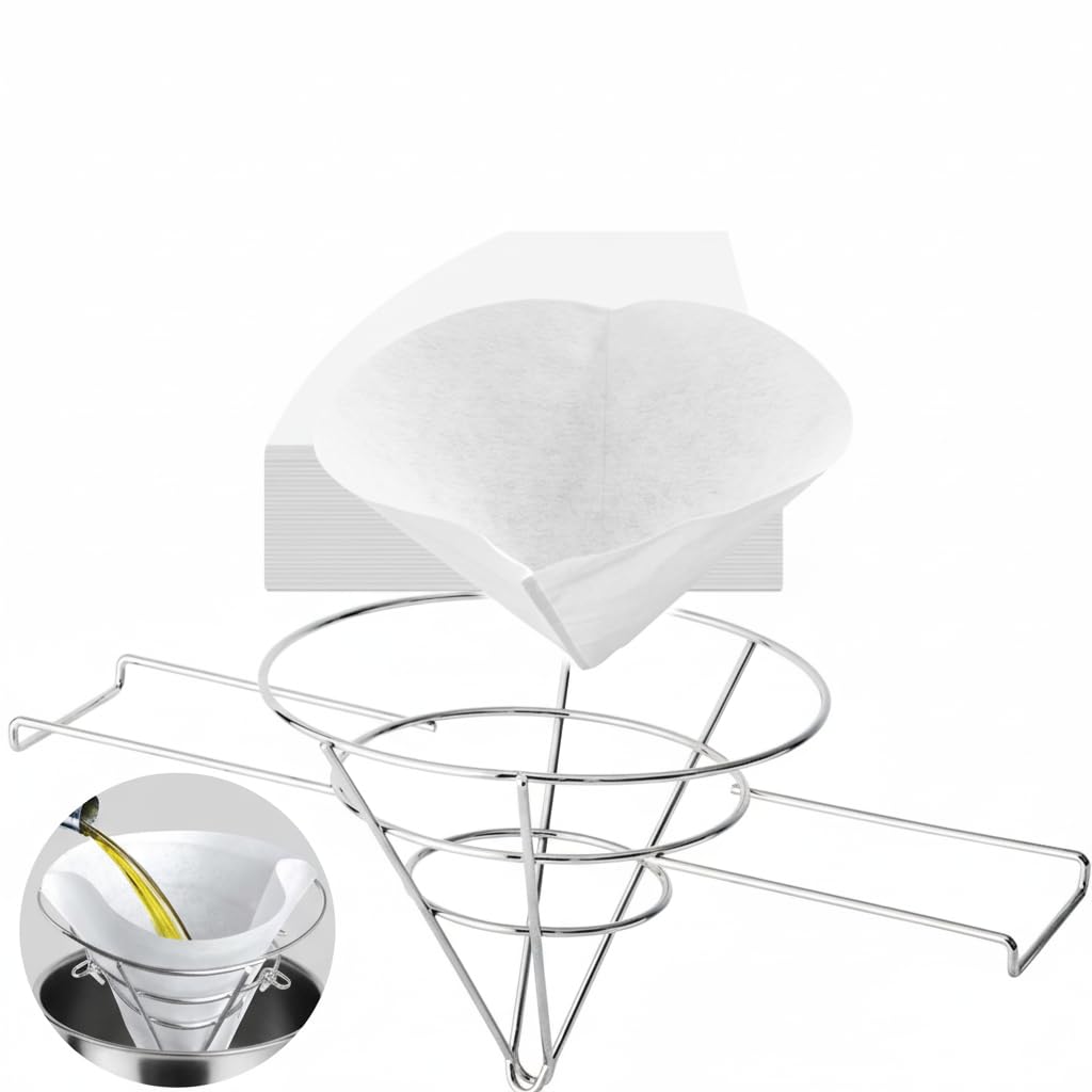 Photo 1 of (100 Filters) Commercial Deep Fryer Oil Filter Paper Cones, 100 Count, with 10 inch Chrome-Plated Steel Filter Holder Stand, cooking oil filters Non-Woven Premium Cones