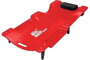 BIG RED Torin Blow Molded Plastic Rolling Garage/Shop Creeper: 40" Mechanic Cart with Padded Headrest, Dual Tool Trays and 6 Casters, Red