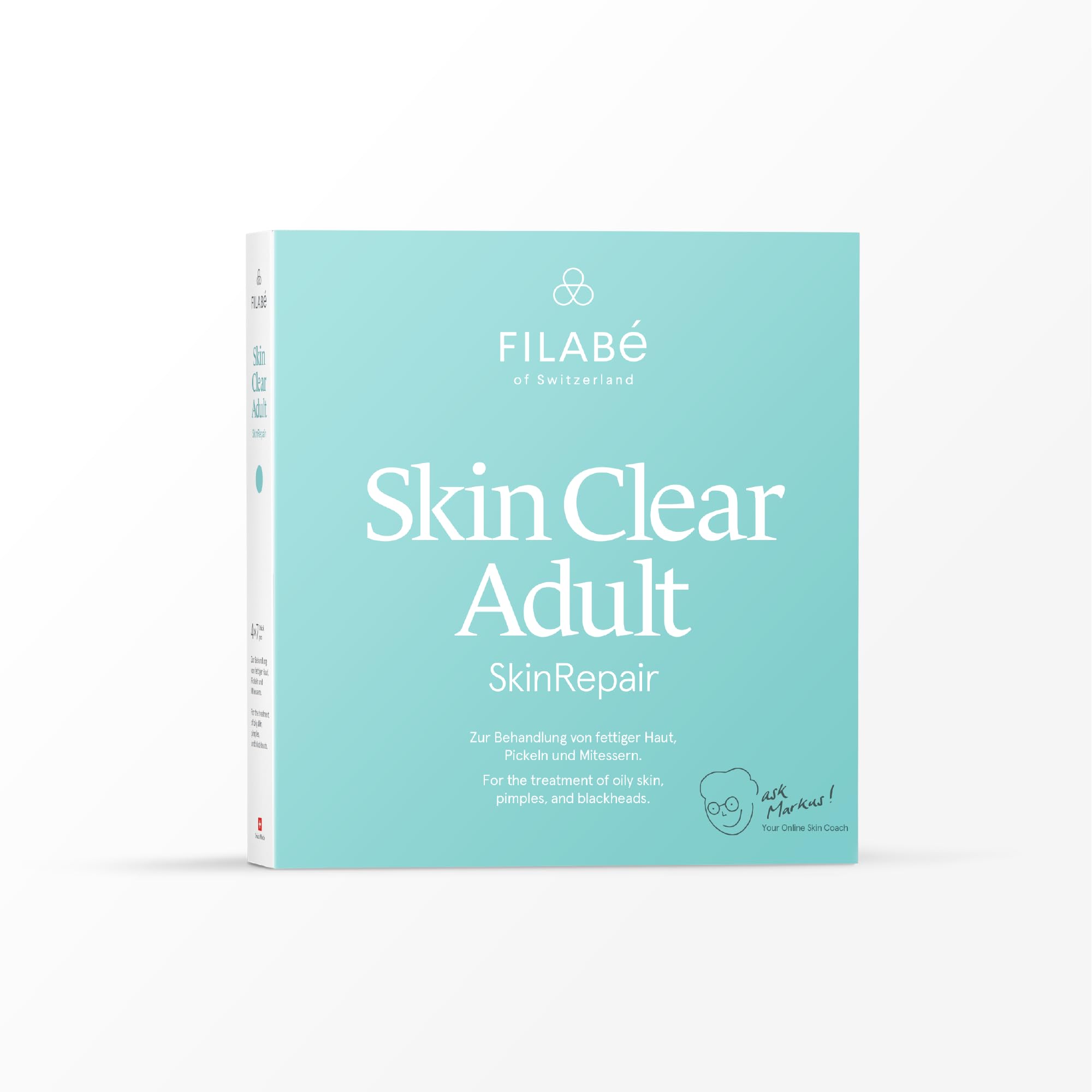 Skin Clear Adult - For the care of oily skin with spots and blackheads from the age of 22. Pack for 28 days. Vegan and additive-free - Swiss made by Filabé of Switzerland