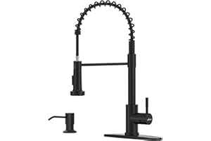 APPASO Black Kitchen Faucet with Soap Dispenser and Pull Down Sprayer, SUS304 Stainless Steel Commercial Single-Handle Spring Faucet for Kitchen Sink, Matte Black