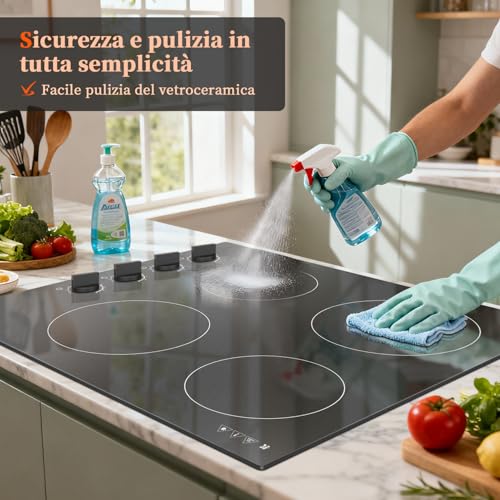 Karinear 4 Burner Glass Ceramic Hob, 6000W Electric Hob 60 cm with Knob, Black Electronic Hobs, Automatic Shut-Off, Crystal Glass