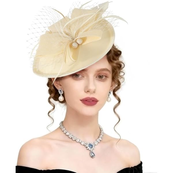 1726 5pcs Fascinator Hats With Lace Glovess Pearl Necklace Earrings Amazon.com: 5Pcs Fascinator Hats With Lace Gloves Pearl  main image 2