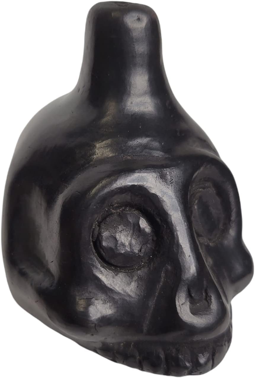 Mixed Media - Half Skull Death Whistle, Small Size, Loud, Handmade Clay Aztec Replica, Death Whistle (Black)