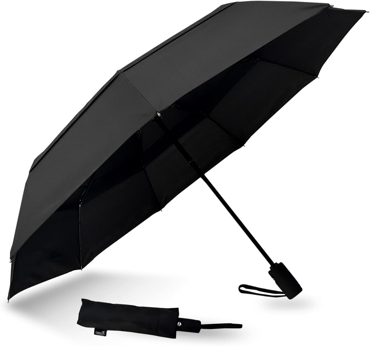 ORGA ECO-FRIENDLY Umbrella Windproof Double Vented Travel Umbrella with Teflon Coating (Black), S