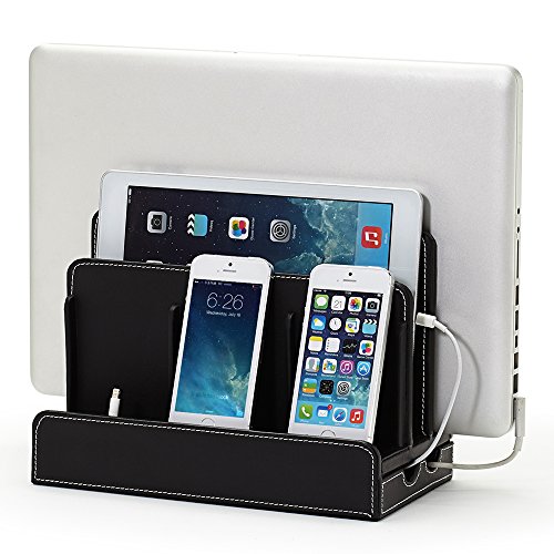 G.U.S. Personalized Monogrammed Multi-Device Charging Station Dock & Organizer - Multiple Finishes Available. for Laptops, Tablets, and Phones - Strong Build, Black Leatherette