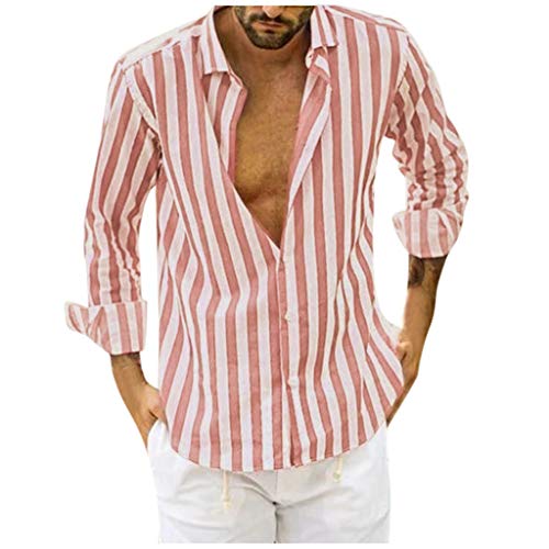 Camicia-Uomo-Slim-Fit-Manica-Lunga-Righe-Elegante-Sasstaids-Strisce-Verticali-Moda-Tops-con-Pulsante-Casual-Shirts-Poliestere-Nero-Rosa-MLXLXXLXXXL