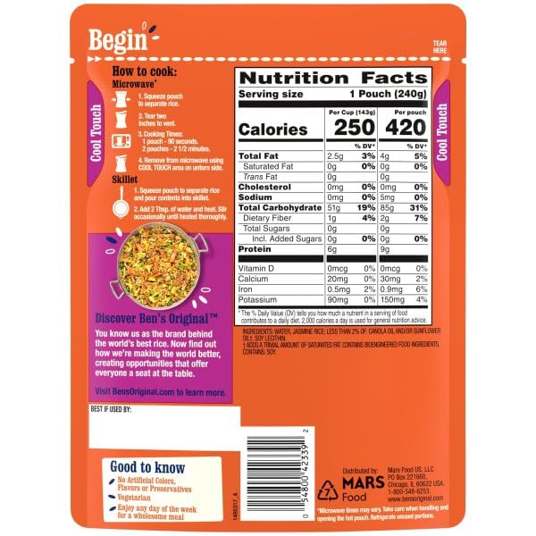 BEN’S ORIGINAL READY RICE JASMINE RICE, EASY DINNER SIDE, 8.5 OZ POUCH (PACK OF 6)