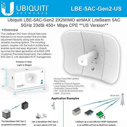 Ubiqui Network LiteBeam ac Gen LBE-5AC-Gen2-US 2X2 MIMO airMAX 5GHz 23dBi 450+ Mbps CPE