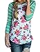 OURS Women Casual Striped Long Sleeve Floral Pacthwork T-Shirt Top Blouse (XXL, Green)