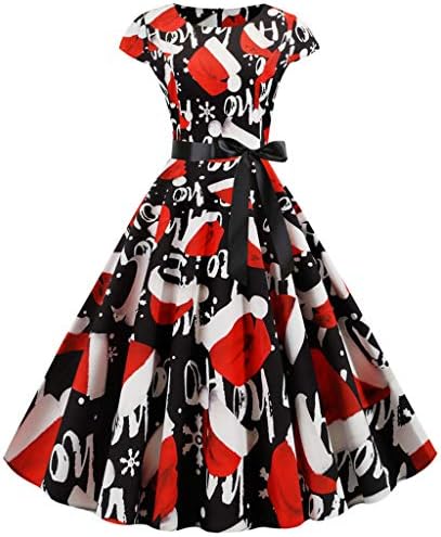 piabigka Womens Christmas Dresses Short Sleeve A-Line Vintage Xmas Dress Snowman Santa Retro 1950s Housewife Cocktail Prom Party Dress with Bowknot