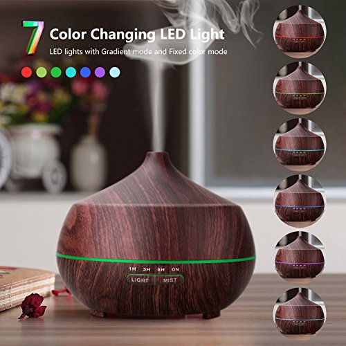 Tenswall Aromatherapy Essential Oil Diffuser, 400ml Aromatherapy Diffuser Ultrasonic Cool Mist Humidifier, Auto Shut-Off, 4 Timer Settings,7 Color LED Lights Changing for Office Home Baby