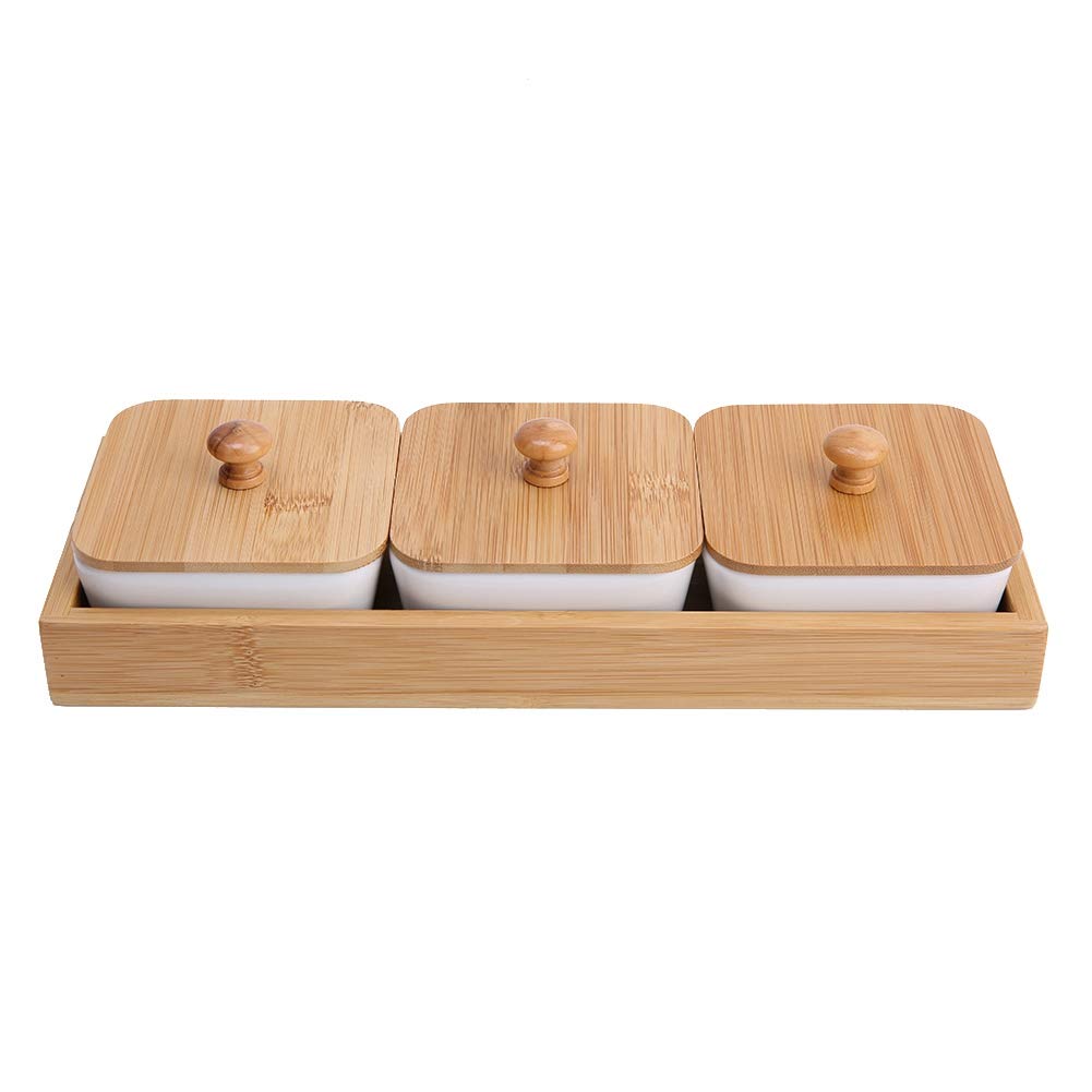 Ceramic Appetizer Serving Plate with Bamboo Tray Cover for Fruits Nuts Desserts ((3-Compartment))
