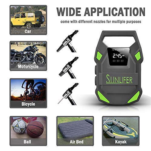 Sunlifer Digital Tire Inflator, 12V Portable Air Compressor, 150 PSI Auto Tire Pump with Bright Flashlight, SOS Emergency Light and Carry Handle for Car, Motorcycle, Bike and Other Inflatable (Green)