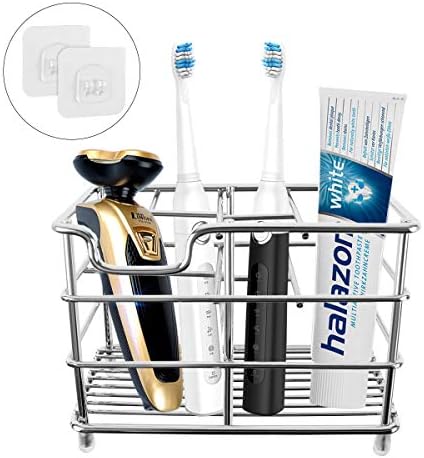 Makerfun Toothbrush Holder, Stainless Steel Toothpaste Holder Drain Bathroom Storage Accessories Toothbrush Organize for Electric Toothbrush Wall Mounted Toothbrush Hanger with 2 Adhesive Hook