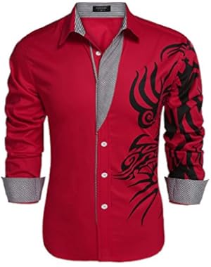 Men's Point Collar Print Button Down Dress Shirt Casual Shirt