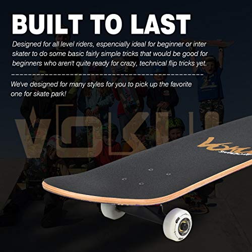 VOKUL Complete Skateboard for Kids Boys Girls Beginners - 31" X 8" inch Standard Skateboard with 7 Layer Maple Double Kick Concave Cruiser Skateboard with Beauty Pattern for Kids Youths Adults