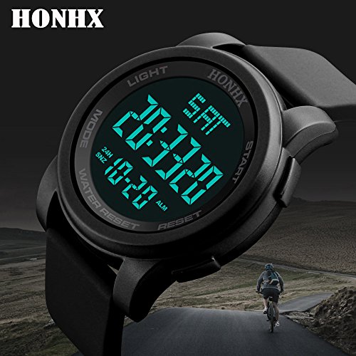 Men's Digital Watch Large Face LED Wrist Watches Military Sports Electronic Waterproof Outdoor Stopwatch (Black -1)