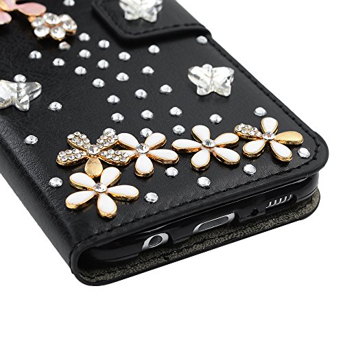 Galaxy S8 Case, Wallet Case [Folio Style][Stand Feature] Card Slots Case Premium Protective PU Leather Flip Cover 3D Handmade Bling Diamonds Floral Butterflies Hand Strap by Mavis's Diary - Black - Thumbnail 6