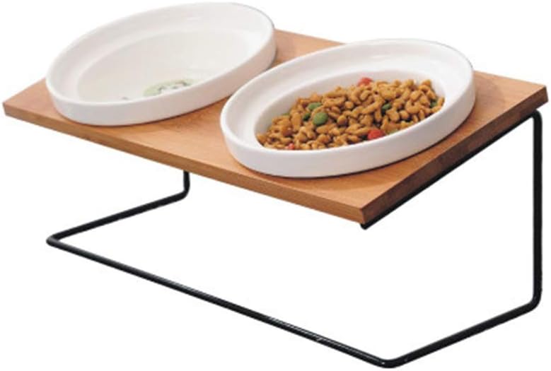 ZCNNO Pet Ceramic Bowl Cat Dog Elevated Feeder Raised Dishes Set Solid Bamboo Stand Food Bowls