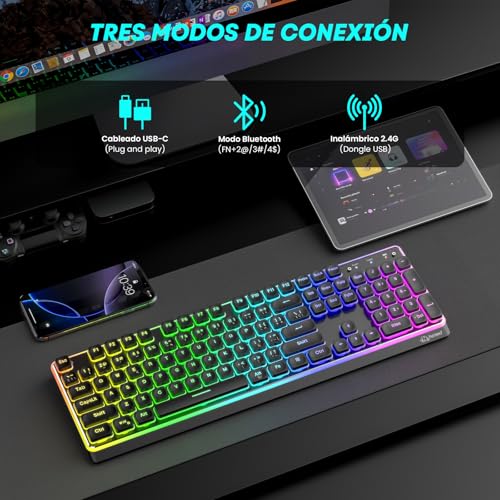 Free wolf M104 Teclado Inalámbrico RGB, Teclas Silenciosas para Conectividad 2.4G/Bluetooth/USB con Cable, Resistente Derrames, Teclado Recargable de Tamaño Completo 104 Teclas para PC y Mac (Negro)