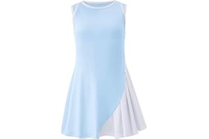 LIONJIE Girls Sleeveless Tennis Active Dresses with Shorts Kids Color Block Pleated Golf Pickleball Outfits with Pockets