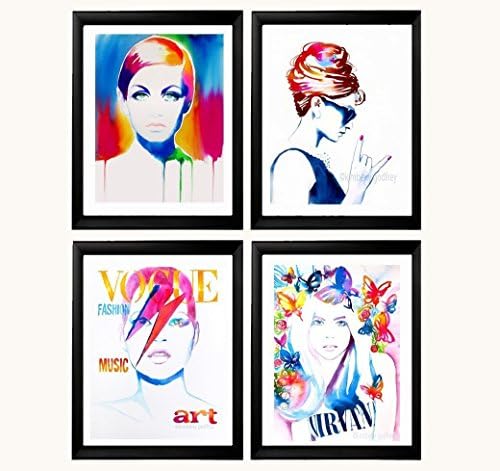 Fashion Set of 4 Art Prints of Colorful Illustrations Salon Decor Pink Blue Audrey Twiggy Kate Cara Salon Ideas
