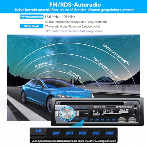 RDS Car Radio Bluetooth 5.0, CENXINY Car Radio Bluetooth Hands-Free Kit, 4 x 65 W 1 DIN Car Radio with Clock/Remote Control, MP3 Player Supports 2 USB/AUX Inputs/TF/SD/FM/iOS Android (No CD)