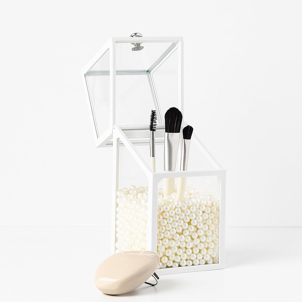 London Boutique Makeup Brush Holder with Lid Makeup Storage Cosmetic Organiser Desk Top Multi-function Dustproof White Pearls (White)