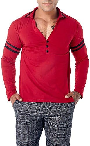 Easytoy Men's Casual Button V Neck Collar Classic Fit Patchwork Long Sleeve Polo T Shirts
