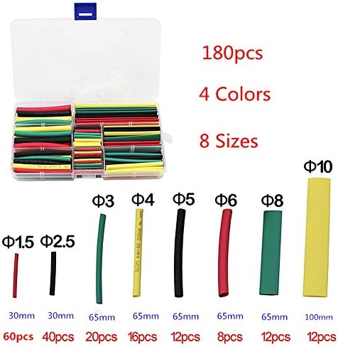 180Pcs of Assorted Heat Shrink Tubing in 4 Colors and 8 Sizes Tubing Wrap Sleeve Set Combo Assorted Heat Shrink Tube Kit for DIY