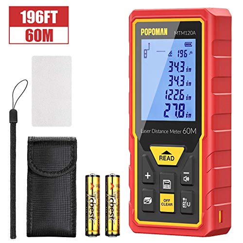 Advanced Laser Measure 196Ft POPOMAN, M/In/Ft Mute Laser Distance Meter with Electronic Angle Sensor and Backlit LCD, Measure Distance, Area and Volume - Carry Pouch and Battery Included - MTM120A
