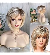 Short Curly Pixie Cut Wigs with Side Part Bangs Wigs for Women Highlight Wig,CINHOO Dark Brown to...