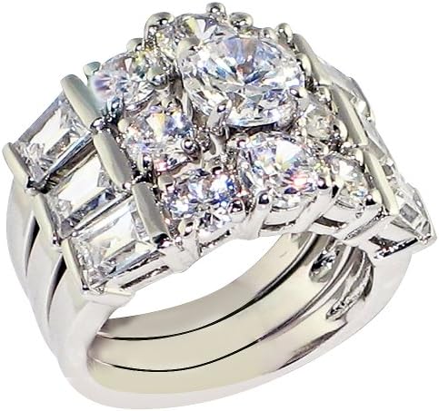 Ultra Luxurious 8 Ct. Round-Shape and Emerald-Shape Cubic Zirconia Cz Solitaire Bridal Engagement Wedding 3 Piece Ring Set (Center Stone is 2 Cts)