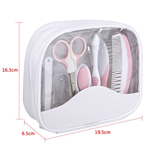 Baby Grooming Kit, 7pcs/Set Safe Hair Comb ToothBrush Nail Clipper Scissors Healthcare Daily Nurse Shower Tool Set with Carry Bag for Unisex Newborn Toddler Infant Girls and Boys Kids (Pink)