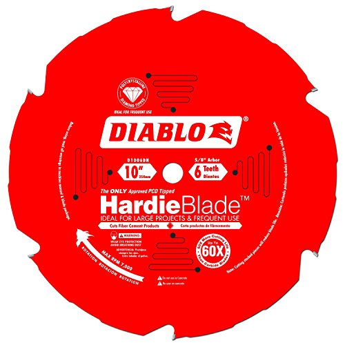 Diablo HardieBlade Saw Blade for Fiber Cement - 10" Diameter, 6 TCG (PCD) Teeth, 5/8" Arbor, .087" Kerf, 10° Hook Angle, .063" Plate, 6000 Max RPM - D1006DH