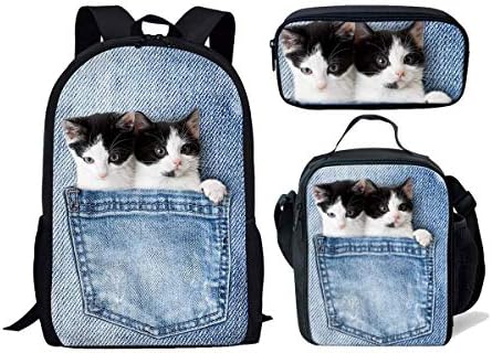 ThiKin Cute Denim Cat School Backpacks for Kids Boy Girls Lightweight Backpack Bookbags Set