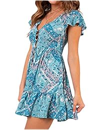 Vestido de mujer con tirantes de espagueti, sin espalda, con botones, para verano, floral, bohemio, con bolsillos, tallas S-3XL