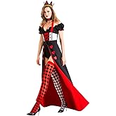 IBAKOM Women Queen Costume Adult Sexy Halloween Cosplay Outfits with Crown Red Heart Print Dress