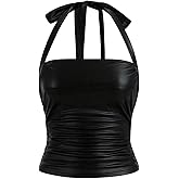 OYOANGLE Women's PU Leather Sleeveless Halter Tops Slim Fitted Backless Ruched Going Out Top