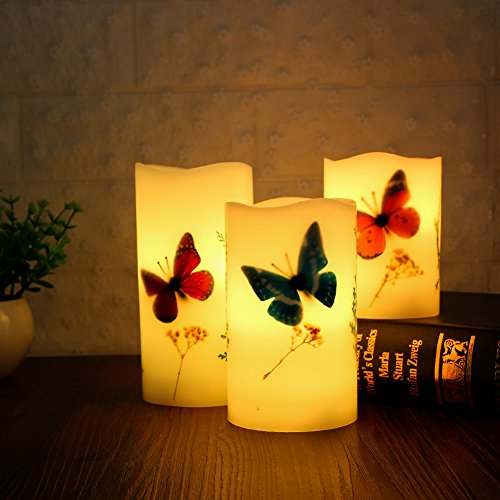 Set of 3 Flameless LED Candles Color Changing Flicker,Light Mode Option Real Handmade butterflies and plant specimens with Timer and 18-key Remote for Mother's Day,Wedding,Votive,Yoga and Decoration