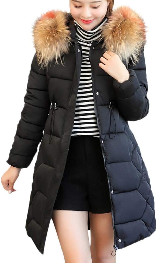 Creazrise Women's Winter Puffer Mid Length Cargo Pocket Coat Fur Trim Removable Hood (Black,3XL)
