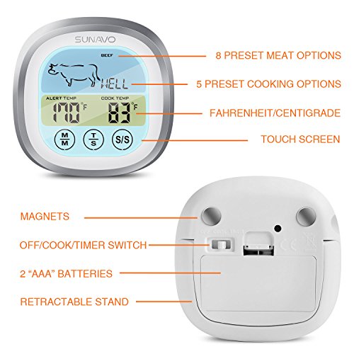 Sunavo MT-04 Touchscreen Cooking Meat Thermometer Digital Food Thermometer Instant Read with Timer Alert for Kitchen Oven Cooking BBQ Grill Smoker with Stainless Steel Temperature Probe