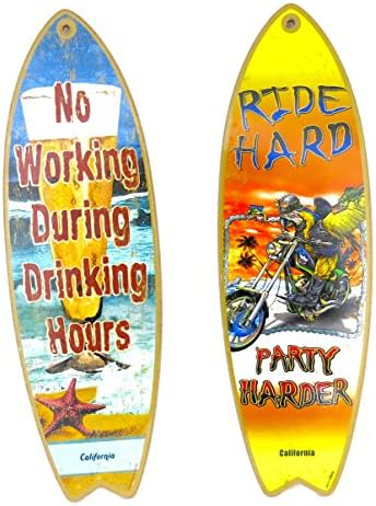 California, Surf Board, " Ride hard, party harder", and " no working during drinking", Souvenir wood Wall Decor, size 5" x 16", set of 2, 4go