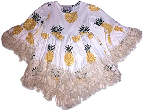 Sol Baby Pineapple Print Long Sleeve Fringe Trim Dress-12/24m-White