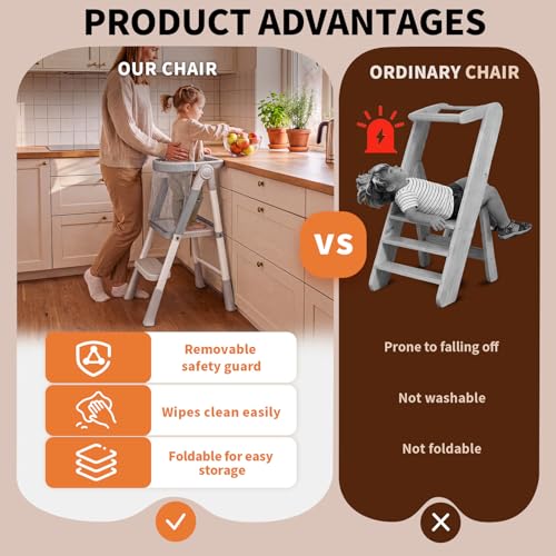 Toddler Step Stool Foldable, Kids Step Stools for Kitchen Counter, Foster Independence Learning Stool with Safety Guards&Net, Toddler Sturdy Standing Tower Kitchen Helper, Grey