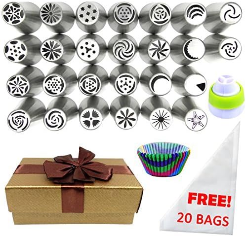 Neokisa 67 PCS Russian Piping Tips Set Gift-Wrapped Cupcake Molds Cake Decorating Tips Kit - 26 LARGE Russian Tips 20 Pastry Bags 1 Tri Color Coupler 10 Cupcake Liners - Cake Cupcake Icing Tools Tips